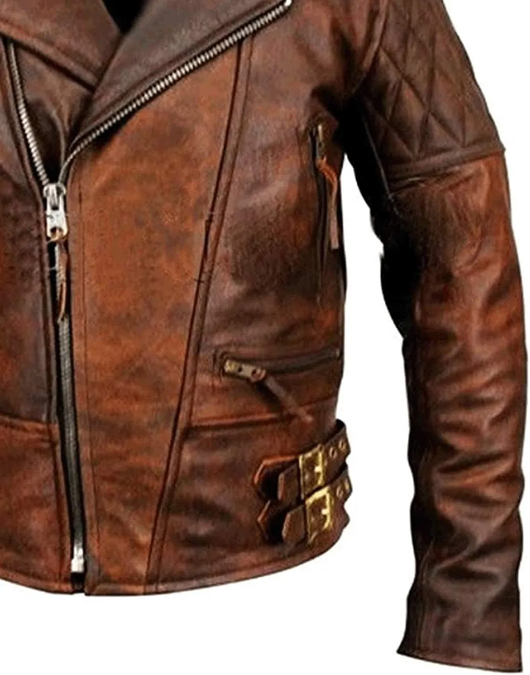 Mens Biker Motorcycle Vintage Distressed Brown Winter Leather Jacket Medium