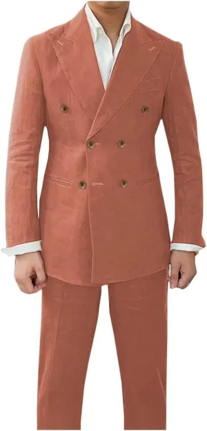 Men's Double Breasted Blazer Pants Set 2 Piece Casual Linen Summer Tuxedo Suits for Wedding Party