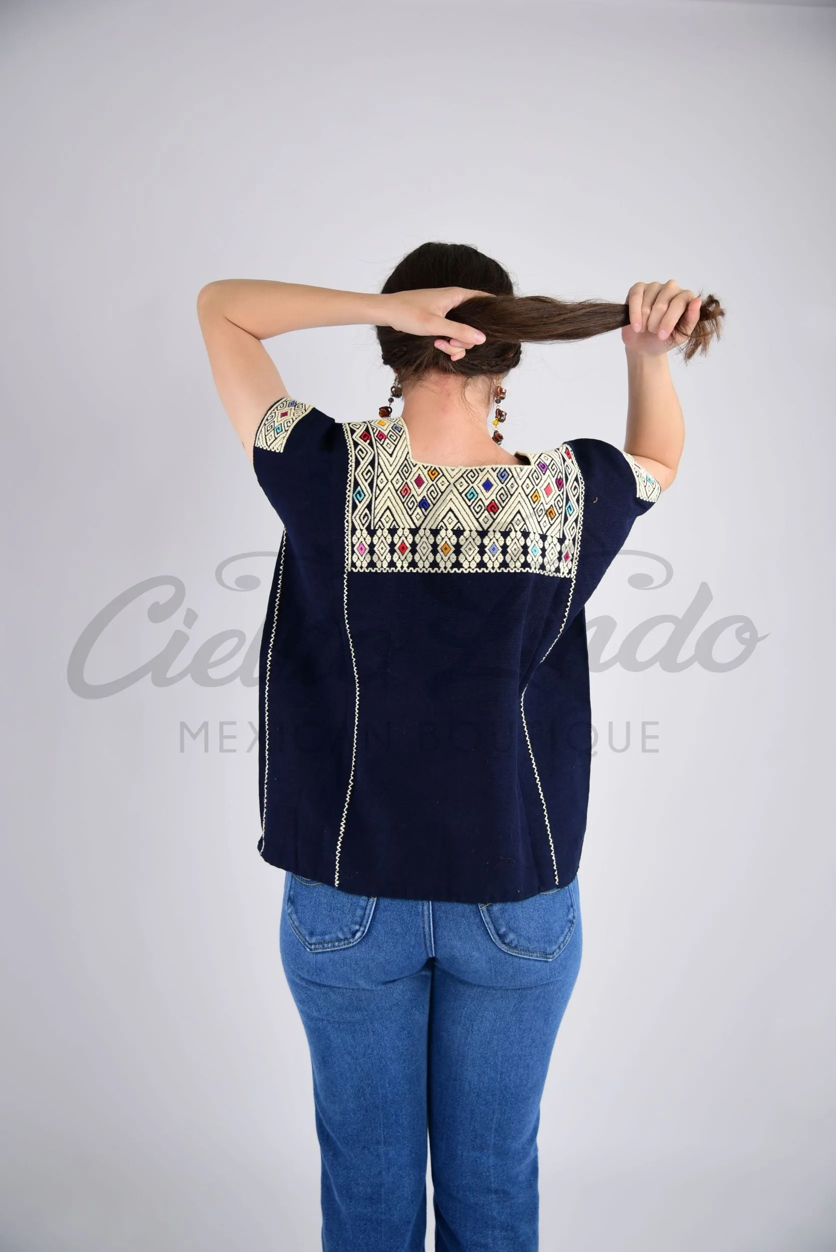 Mexican Huipil Larrainzar Top Navy