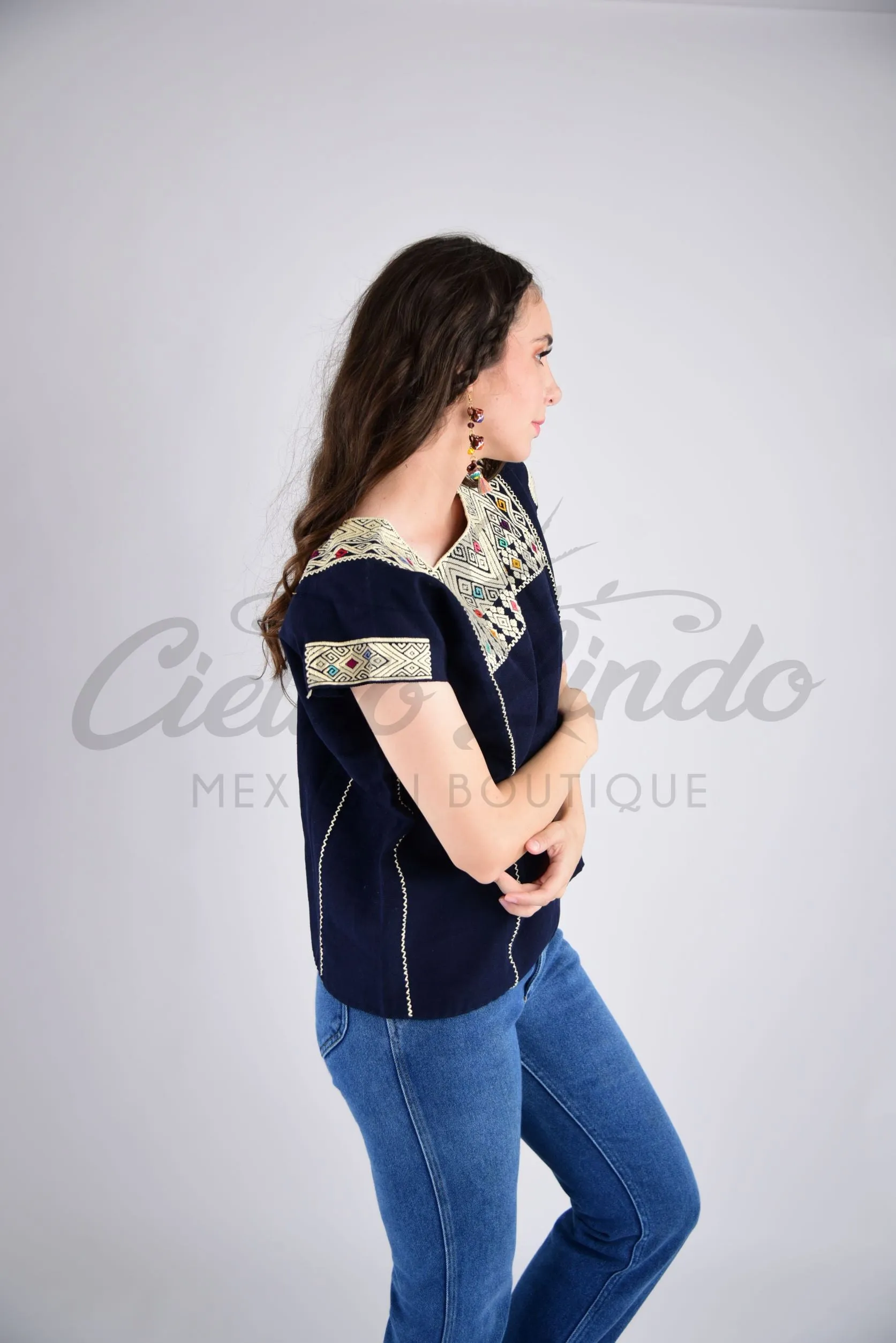 Mexican Huipil Larrainzar Top Navy