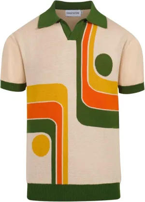 OXKNIT Mens Knit Polo Shirts 1960s Mod Style Vintage Short Sleeve Shirt with Geometrical Design