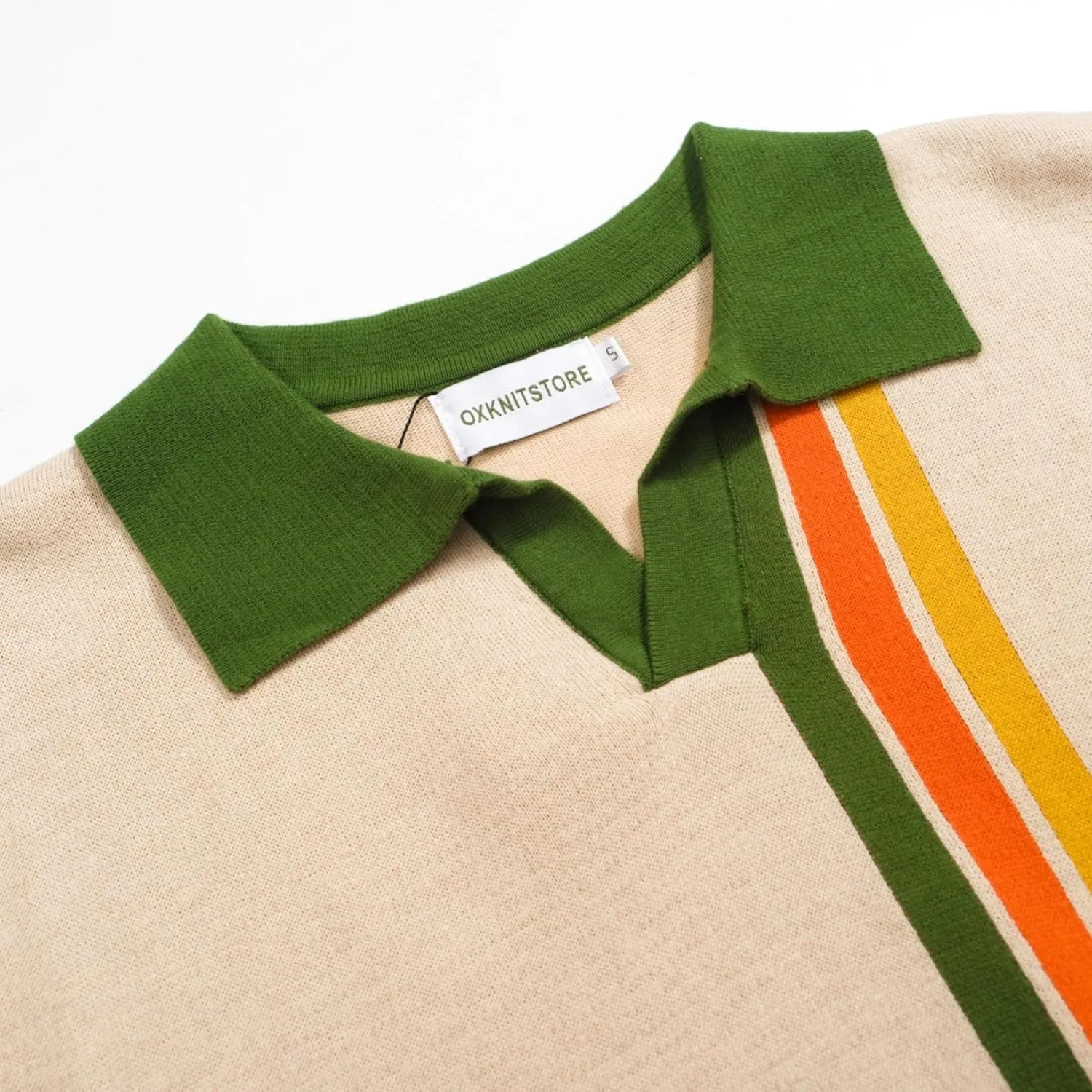 OXKNIT Mens Knit Polo Shirts 1960s Mod Style Vintage Short Sleeve Shirt with Geometrical Design