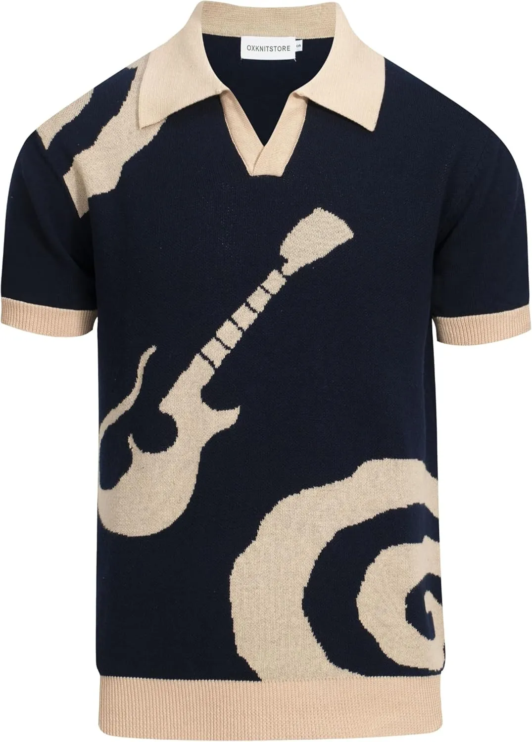 OXKNIT Men's Short-Sleeved Knit Polo with Guitar Casual Navy Shirt for Summer Sport Work Golf