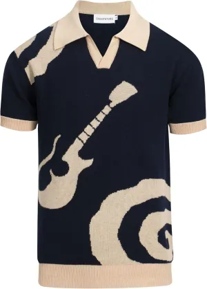 OXKNIT Men's Short-Sleeved Knit Polo with Guitar Casual Navy Shirt for Summer Sport Work Golf