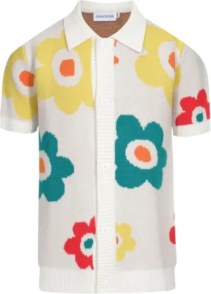 OXKNIT Men's Vintage Polo Shirt Flower Patterns Knit Casual Button Down Short Sleeve Shirts