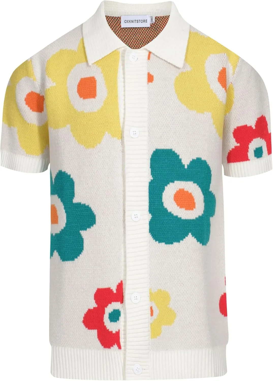OXKNIT Men's Vintage Polo Shirt Flower Patterns Knit Casual Button Down Short Sleeve Shirts