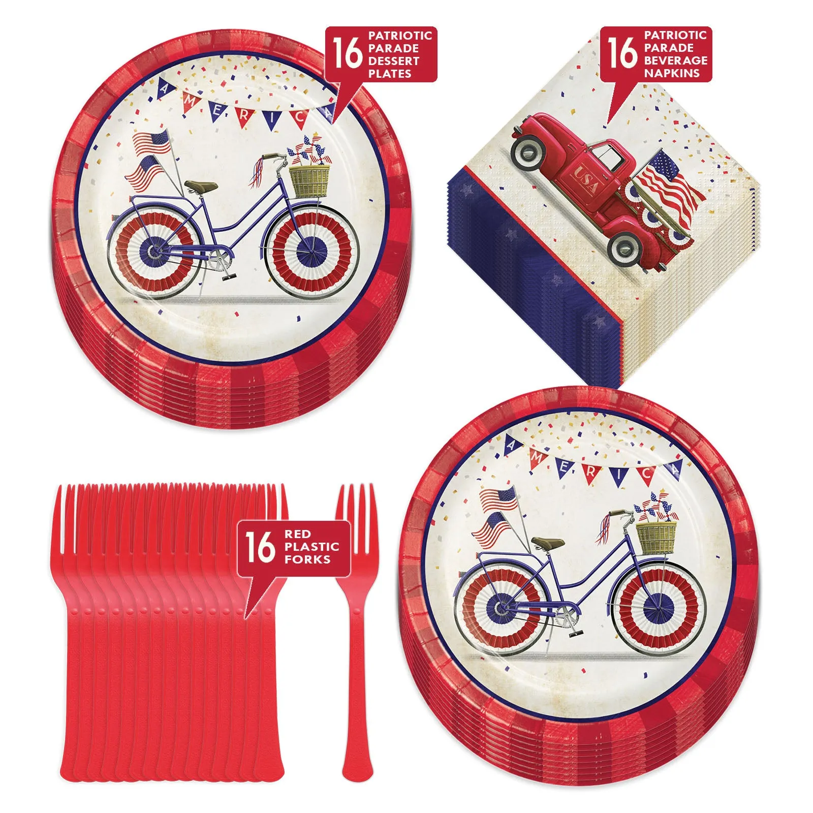 Patriotic Parade American Flag Truck & Bicycle Paper Dessert Plates, Beverage Napkins, and Forks (Serves 16)