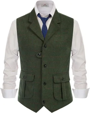 PJ PAUL JONES Mens Western Herringbone Suit Vest Tweed Wool Blend Slim Fit Waistcoat