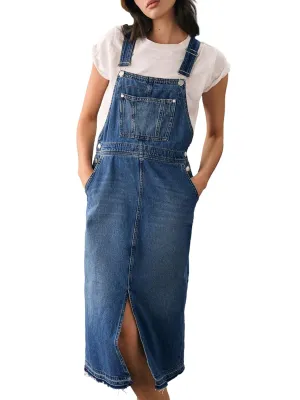 PLNOTME Womens Denim Overall Dress Casual Summer Adjustable Straps Front Split Jean Overall Midi Dress