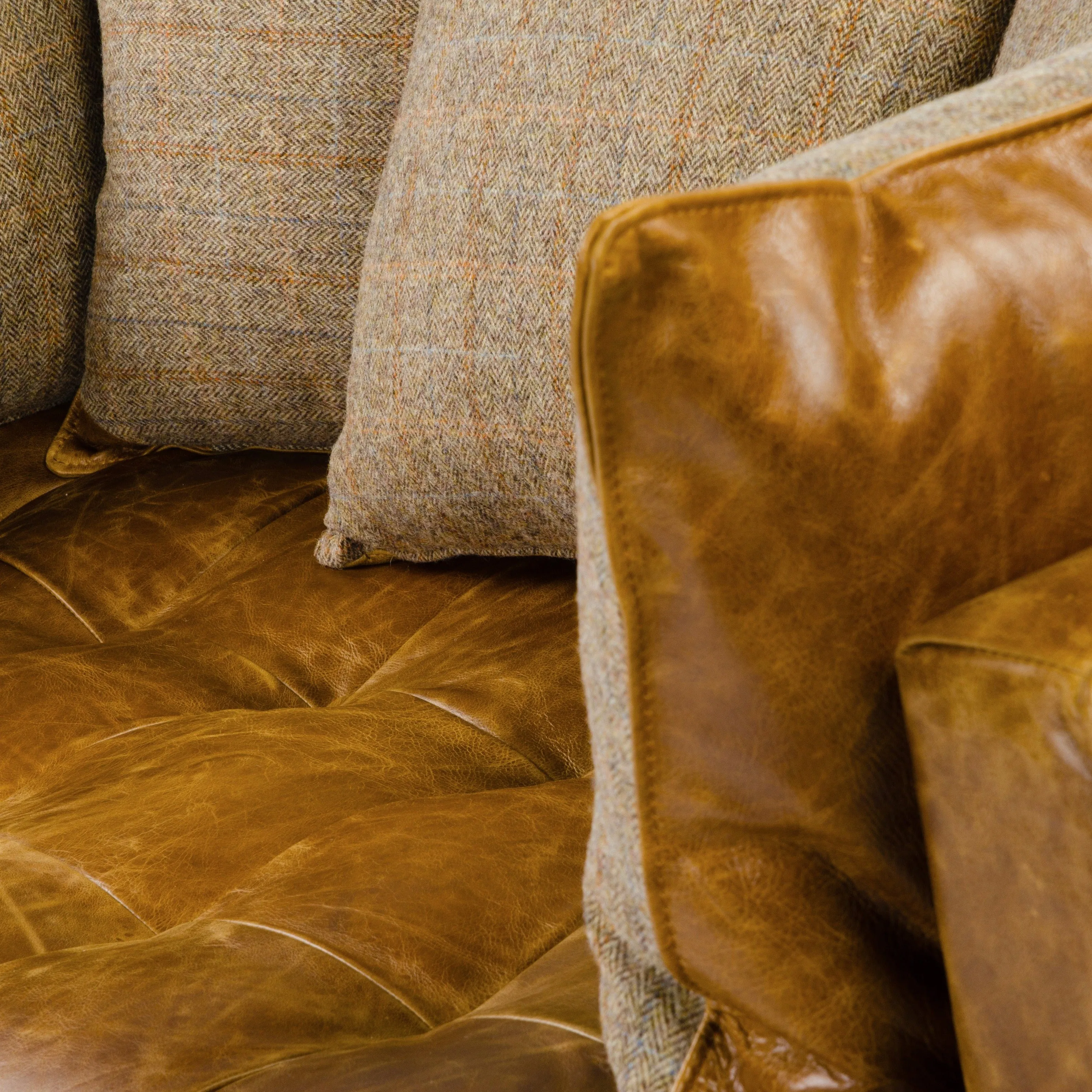 Portland Three Seater Sofa Brown Cerato Leather and Gamekeeper Thorn Tweed