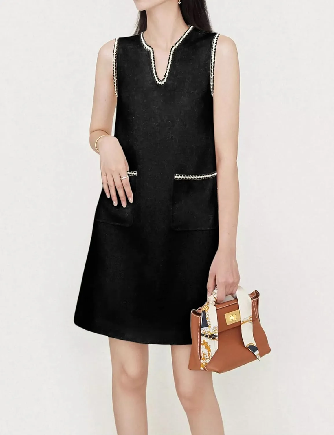 Qiaomai Womens Tweed Dress V Neck Sleeveless A-Line Skirt Vintage Business Party Mini Jackie Dress
