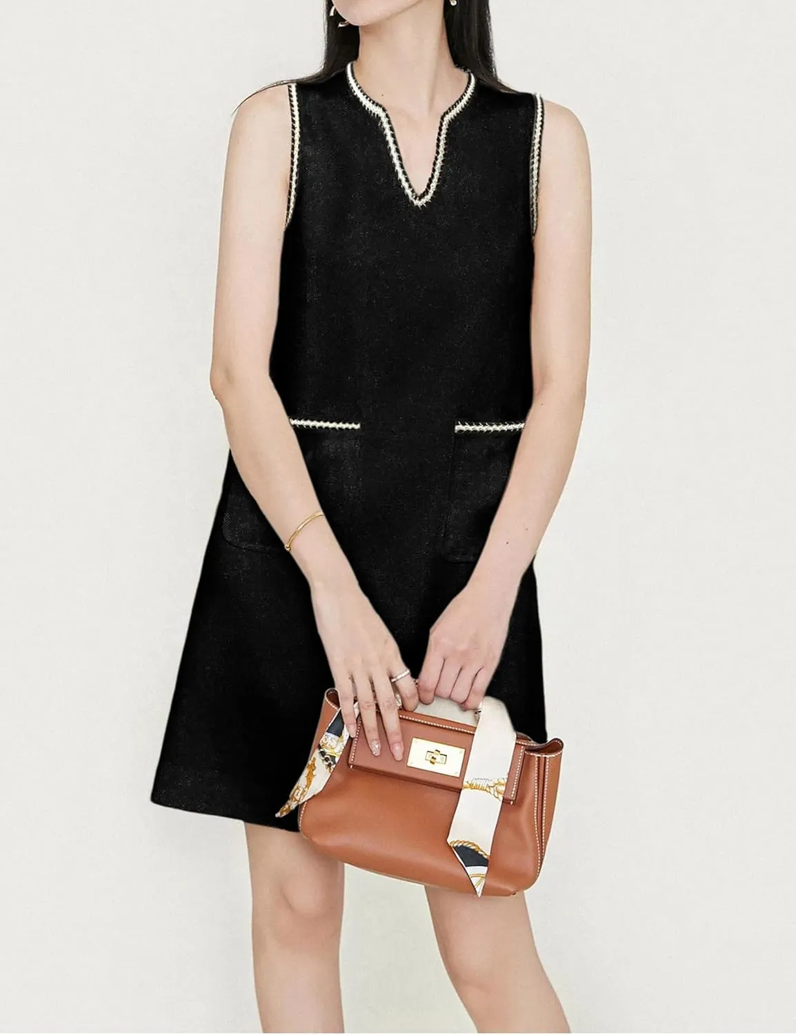 Qiaomai Womens Tweed Dress V Neck Sleeveless A-Line Skirt Vintage Business Party Mini Jackie Dress