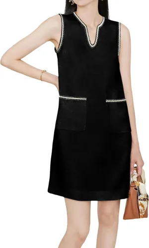 Qiaomai Womens Tweed Dress V Neck Sleeveless A-Line Skirt Vintage Business Party Mini Jackie Dress