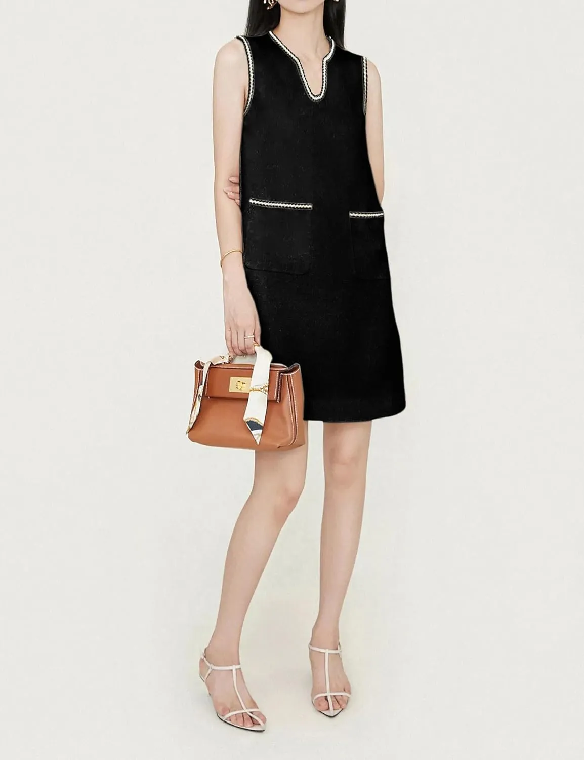 Qiaomai Womens Tweed Dress V Neck Sleeveless A-Line Skirt Vintage Business Party Mini Jackie Dress