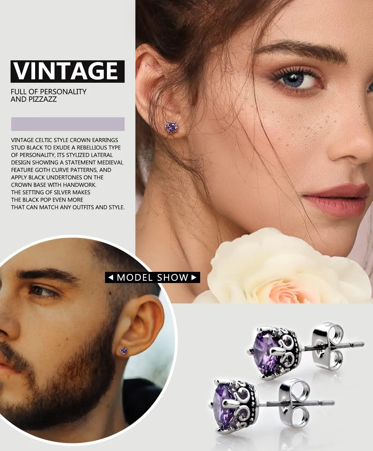 Retro Dark Shadow Stud Earrings, Hypoallergenic Stainless Steel Cubic Zirconia Earrings