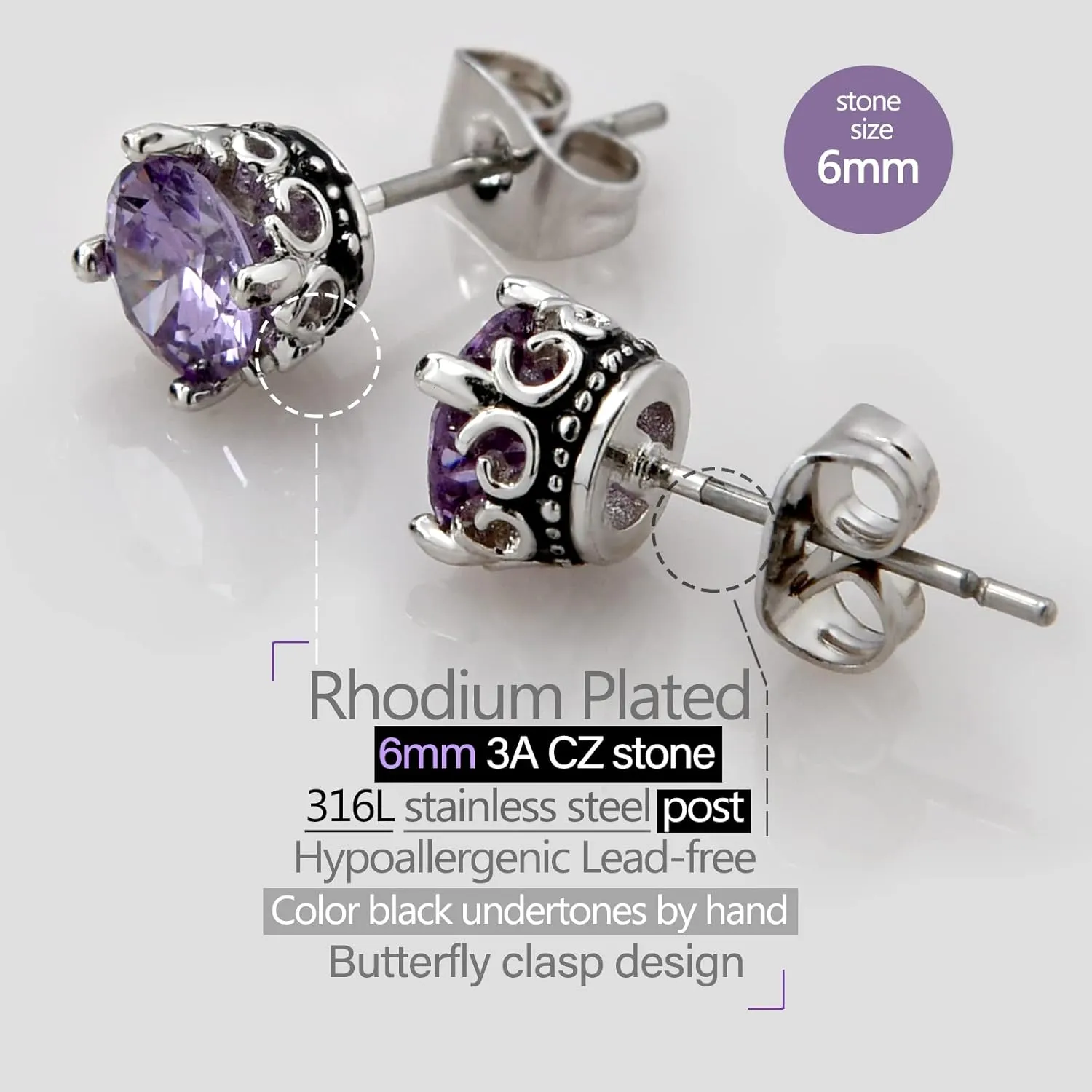 Retro Dark Shadow Stud Earrings, Hypoallergenic Stainless Steel Cubic Zirconia Earrings