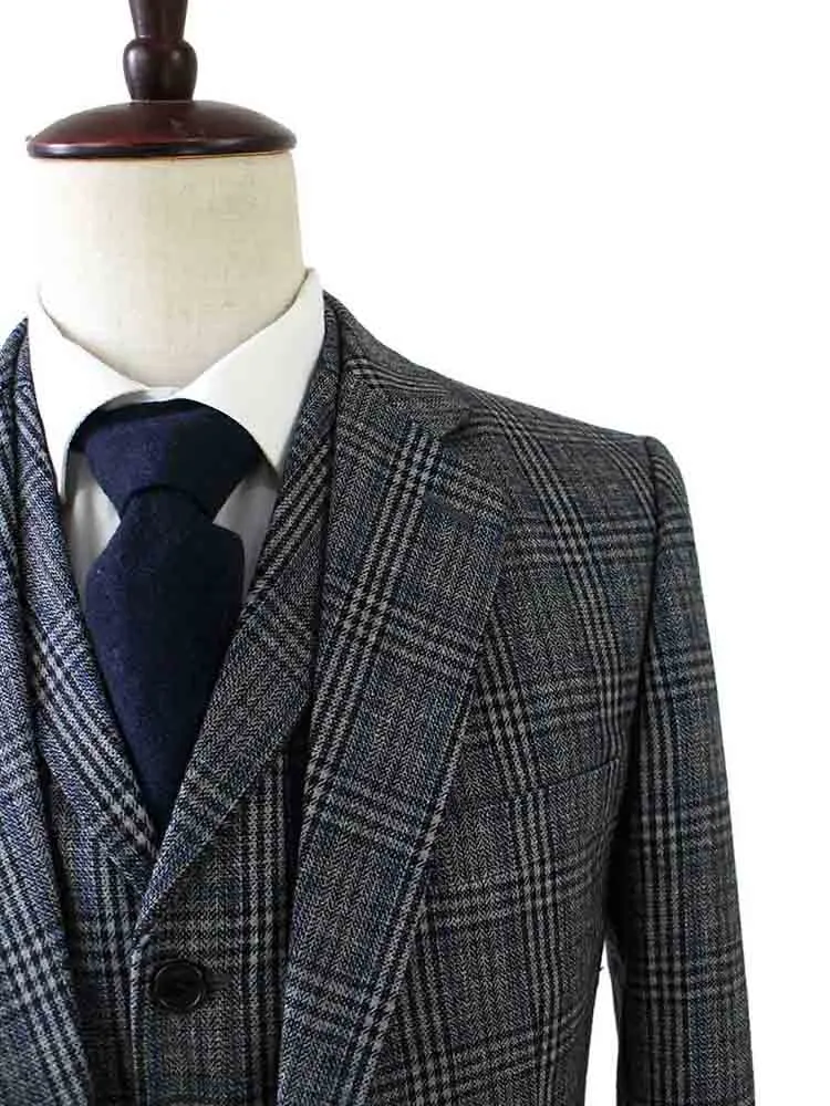RETRO GREY BLUE PLAID TWEED 3 PIECE SUIT