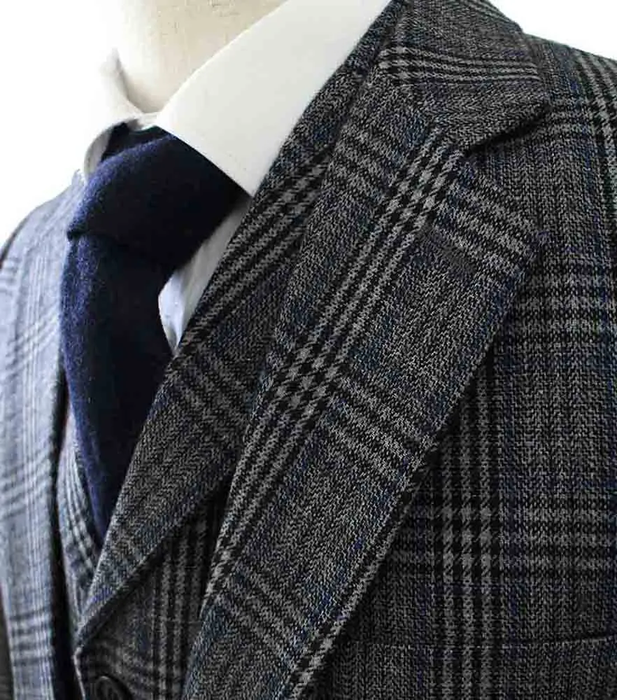 RETRO GREY BLUE PLAID TWEED 3 PIECE SUIT