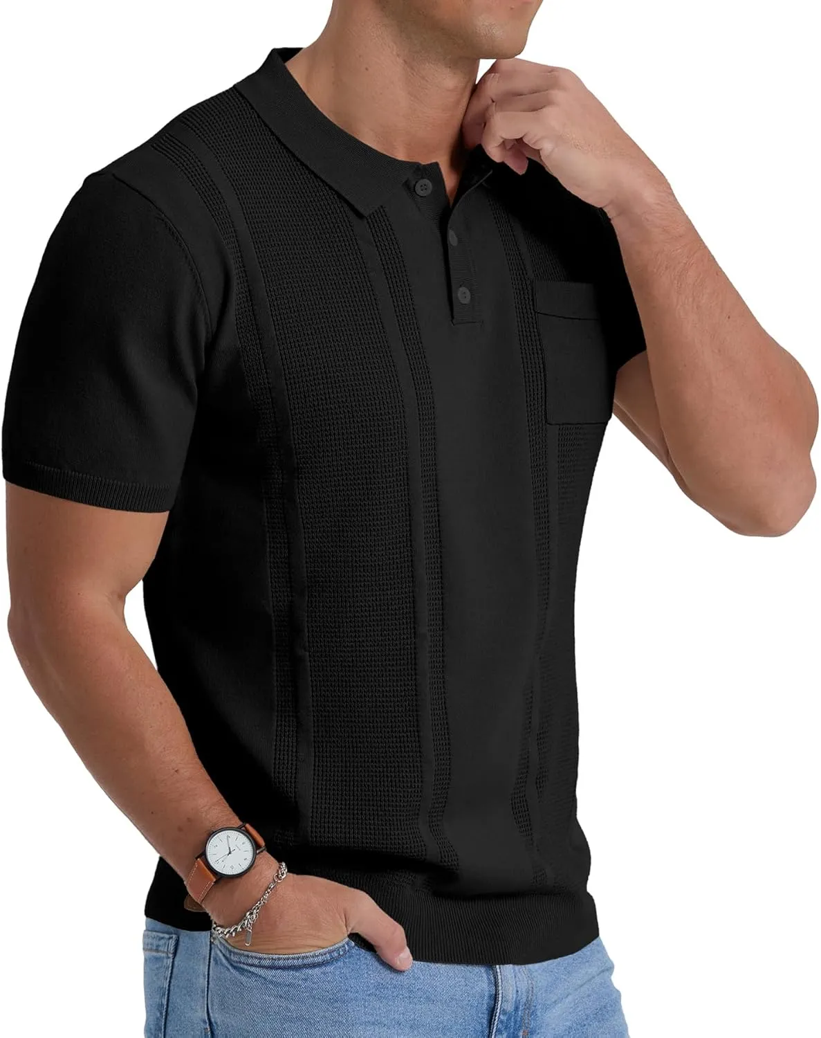 Sailwind Mens Textured Knit Polo Shirts Short Sleeve Summer Collared T Shirt with Pocket