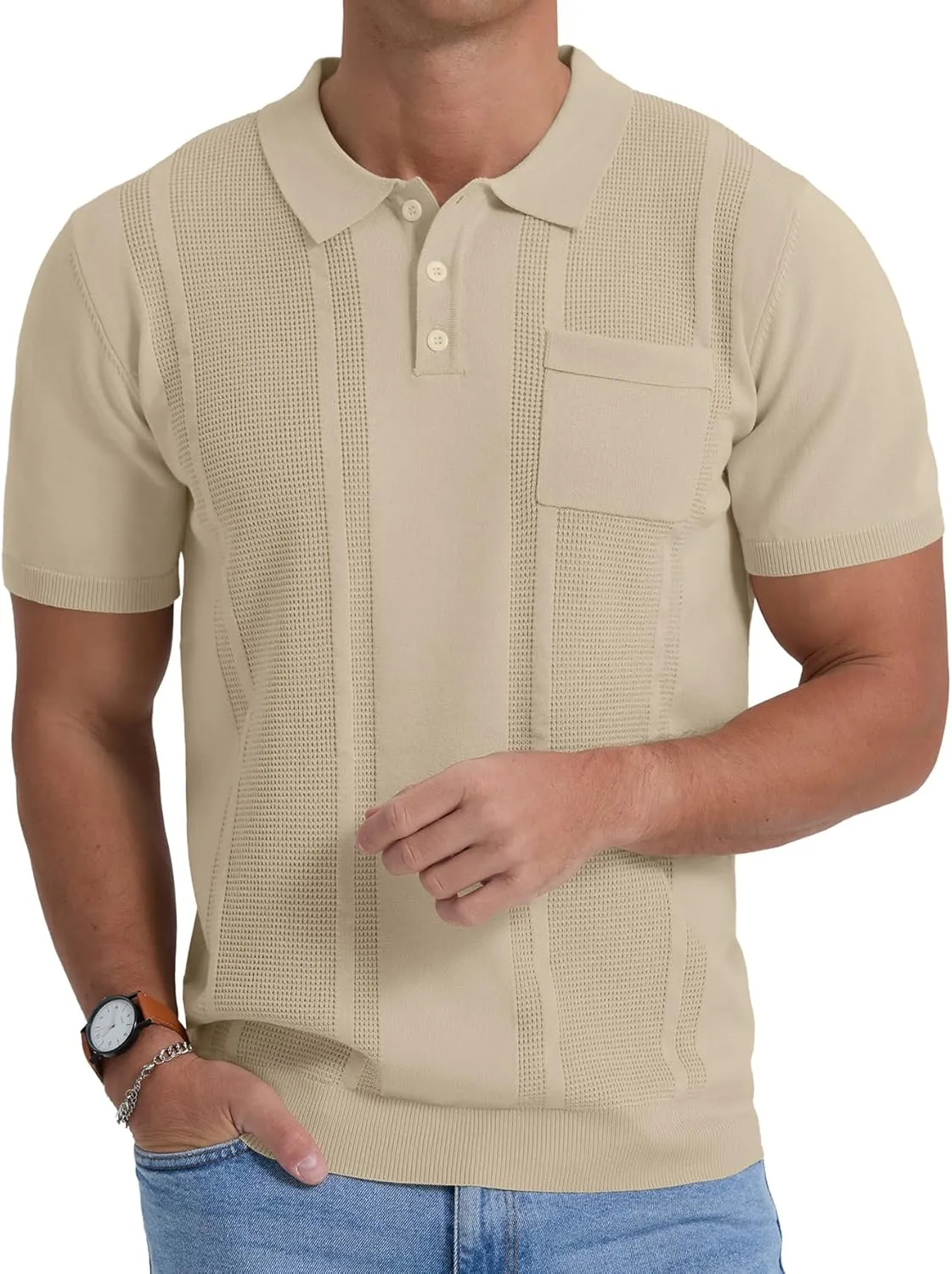 Sailwind Mens Textured Knit Polo Shirts Short Sleeve Summer Collared T Shirt with Pocket