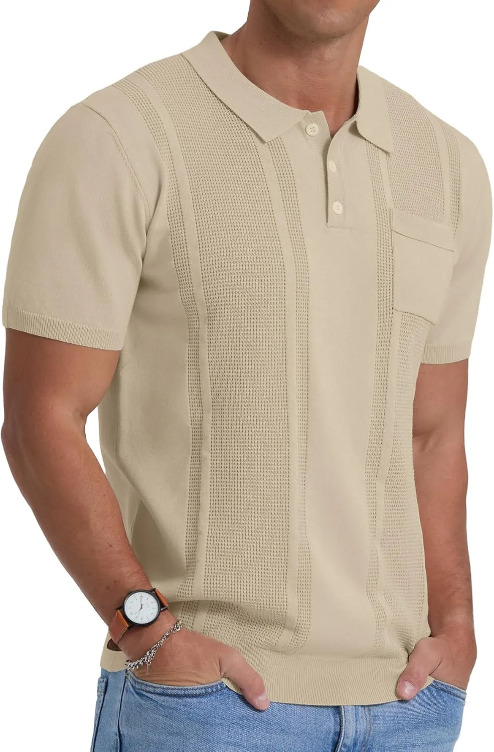 Sailwind Mens Textured Knit Polo Shirts Short Sleeve Summer Collared T Shirt with Pocket