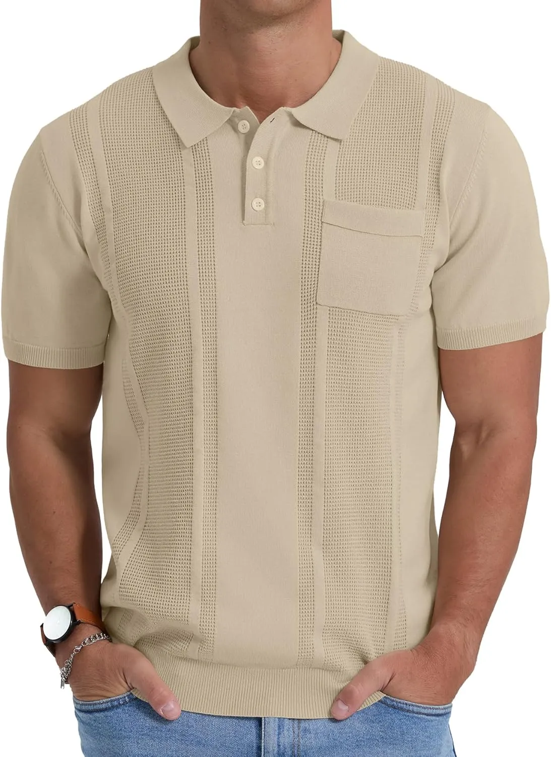 Sailwind Mens Textured Knit Polo Shirts Short Sleeve Summer Collared T Shirt with Pocket