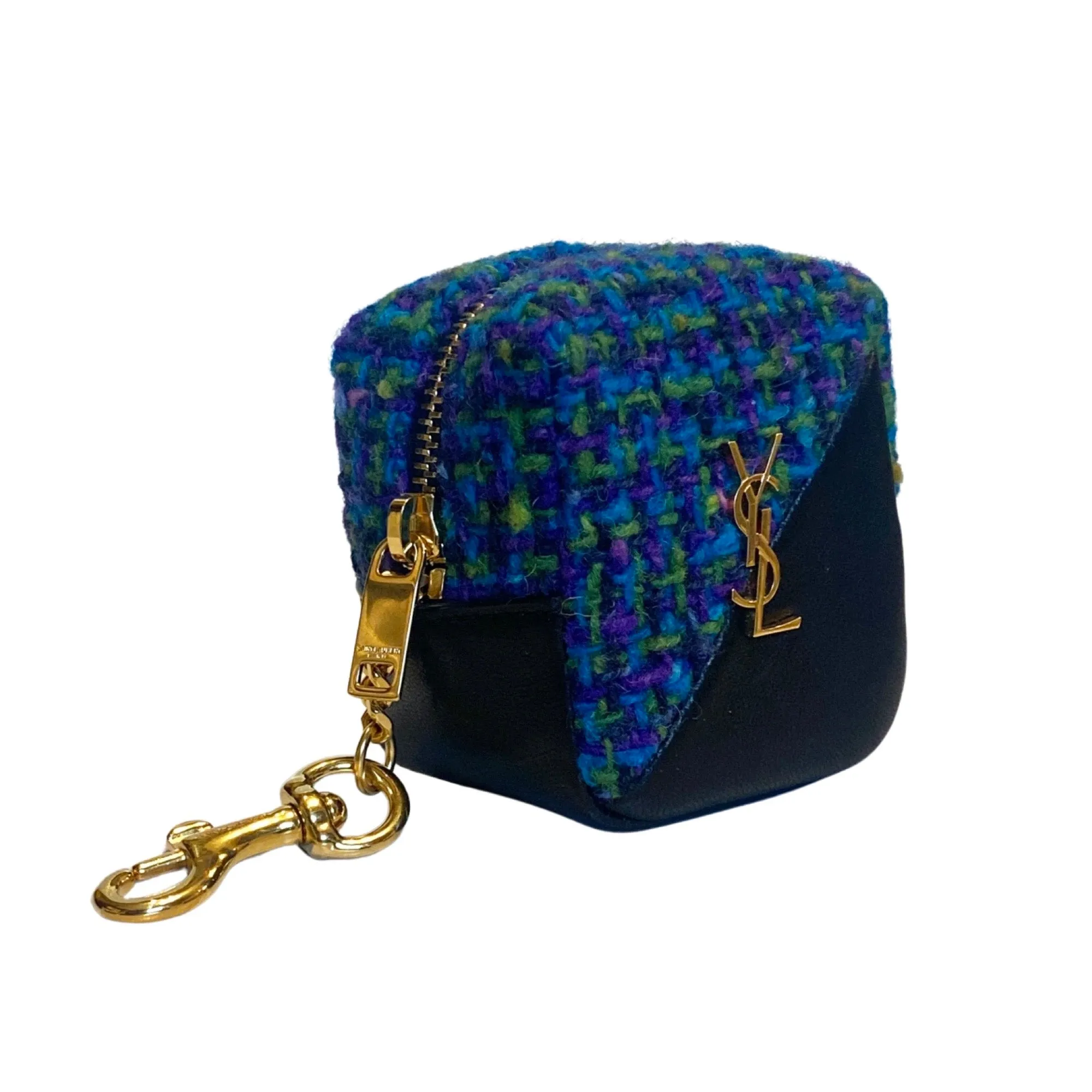 Saint Laurent Jamie YSL Keyring Cube Blue Tweed Black Leather