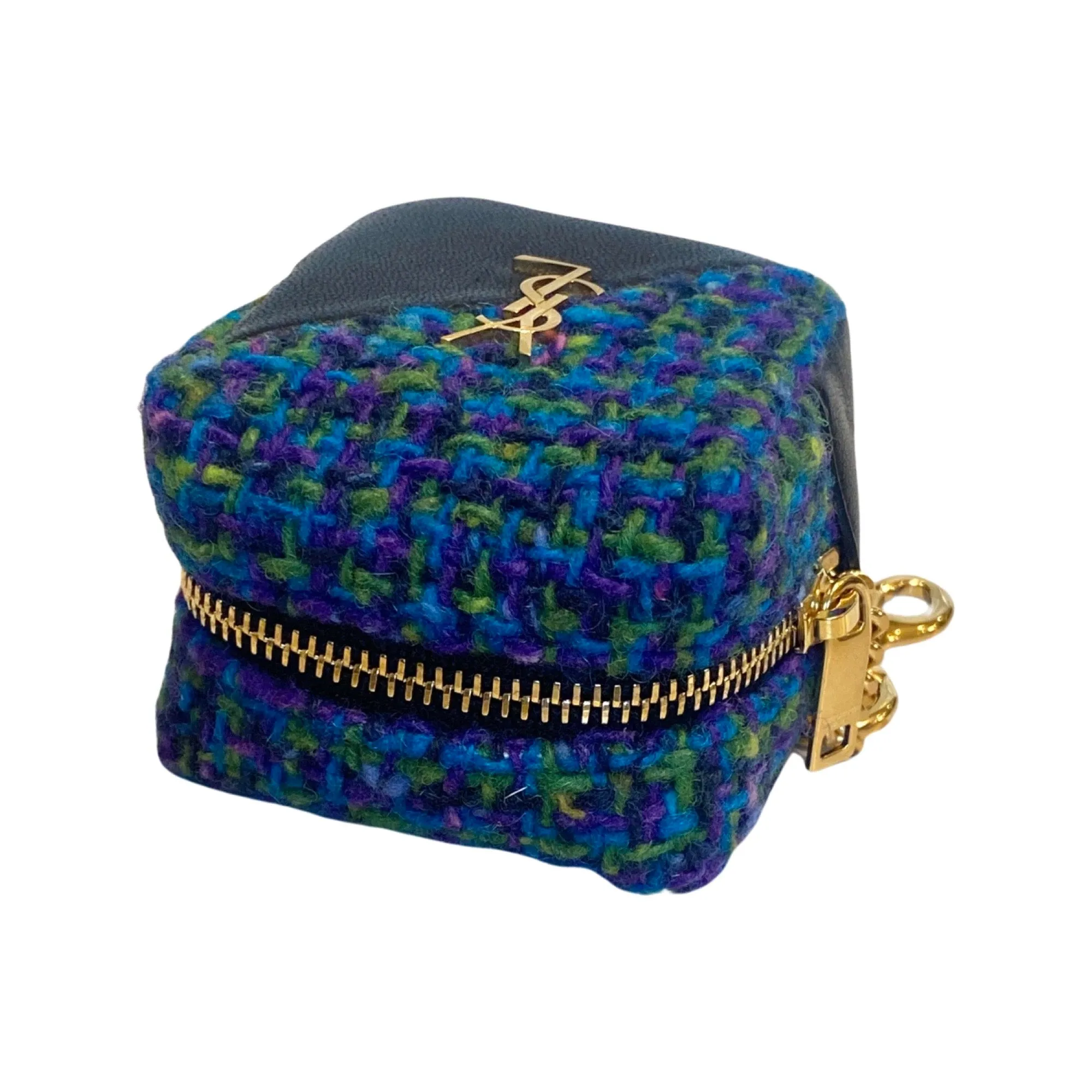 Saint Laurent Jamie YSL Keyring Cube Blue Tweed Black Leather