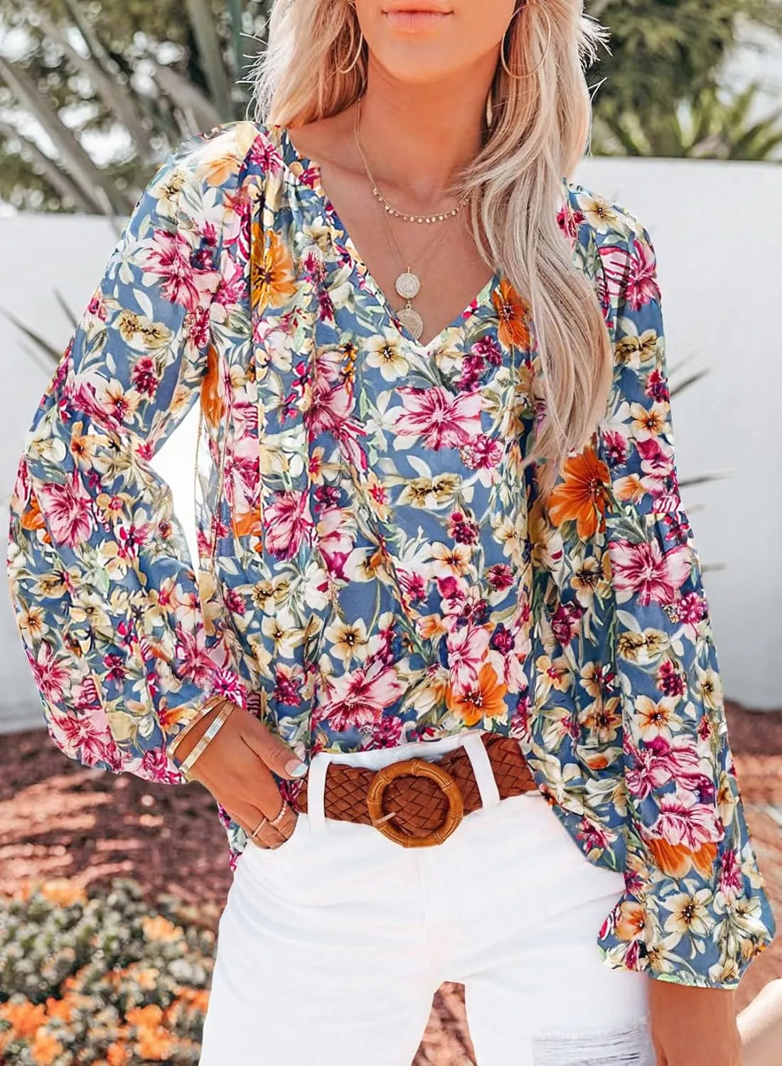 SHEWIN Women's Casual Boho Floral Print V Neck Long Sleeve Loose Blouses Shirts Tops