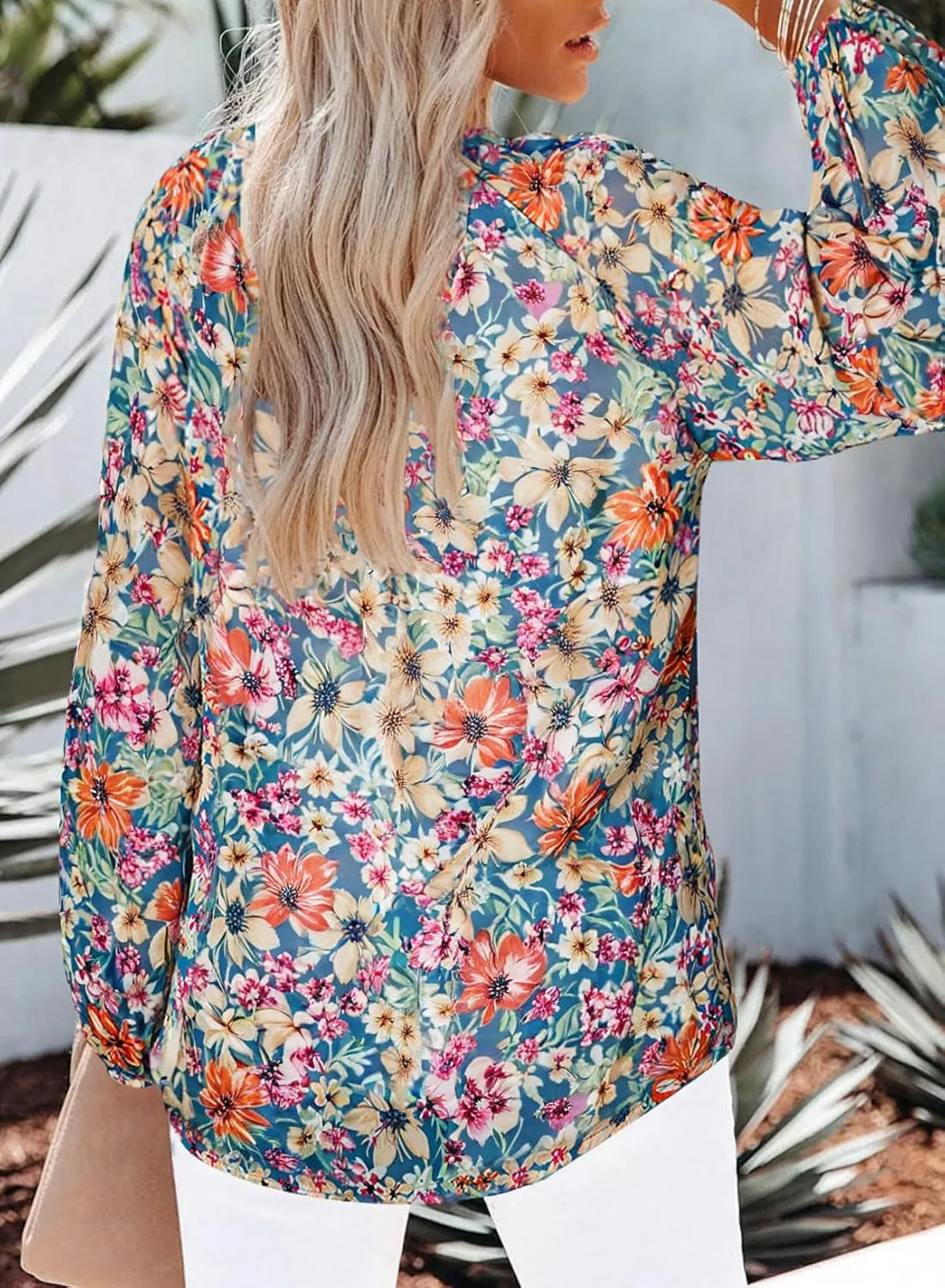SHEWIN Women's Casual Boho Floral Print V Neck Long Sleeve Loose Blouses Shirts Tops
