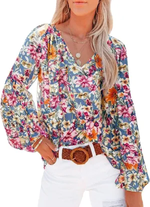 SHEWIN Women's Casual Boho Floral Print V Neck Long Sleeve Loose Blouses Shirts Tops
