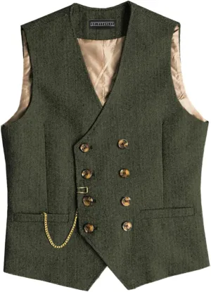SOLOVEDRESS Mens Western Vintage Double Breasted Suit Vest Wool Blend Waistcoat for Wedding Groomsmen