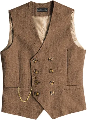 SOLOVEDRESS Mens Western Vintage Double Breasted Suit Vest Wool Blend Waistcoat for Wedding Groomsmen