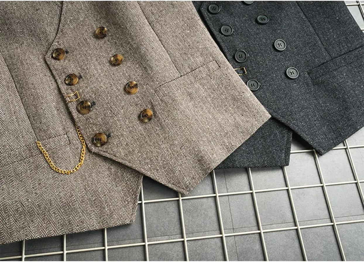 SOLOVEDRESS Mens Western Vintage Double Breasted Suit Vest Wool Blend Waistcoat for Wedding Groomsmen