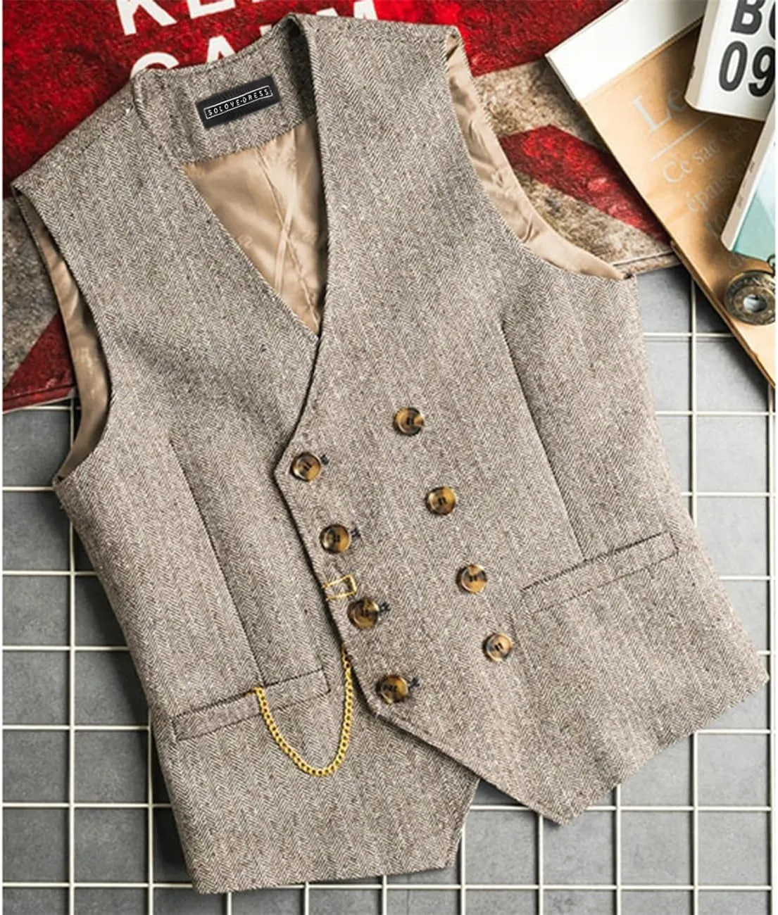SOLOVEDRESS Mens Western Vintage Double Breasted Suit Vest Wool Blend Waistcoat for Wedding Groomsmen