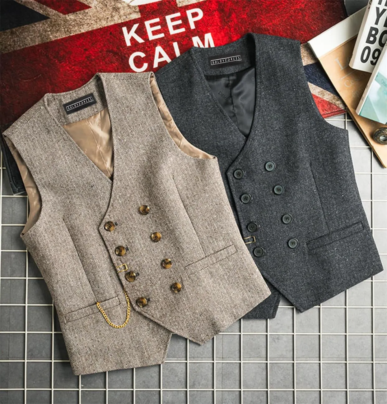 SOLOVEDRESS Mens Western Vintage Double Breasted Suit Vest Wool Blend Waistcoat for Wedding Groomsmen