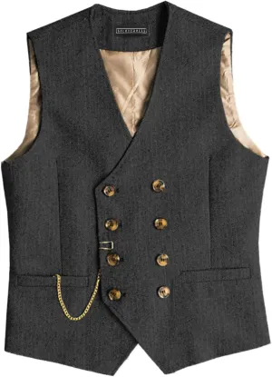 SOLOVEDRESS Mens Western Vintage Double Breasted Suit Vest Wool Blend Waistcoat for Wedding Groomsmen