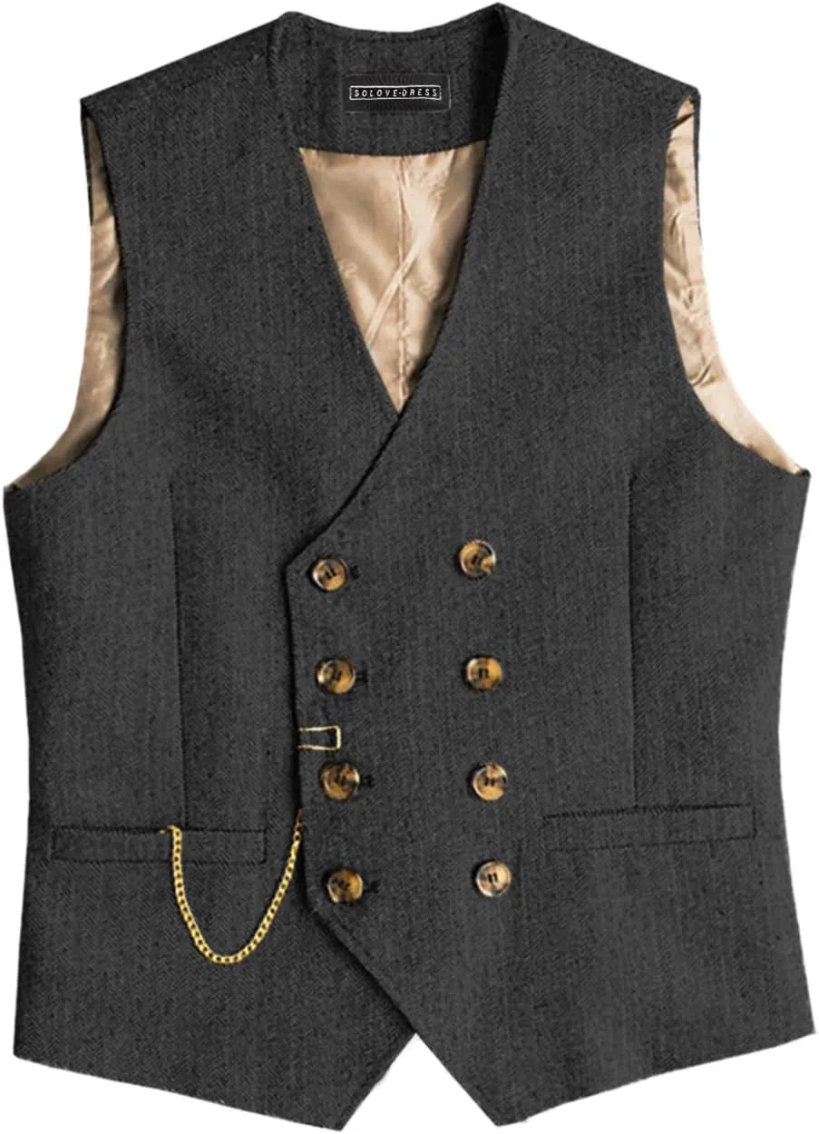 SOLOVEDRESS Mens Western Vintage Double Breasted Suit Vest Wool Blend Waistcoat for Wedding Groomsmen