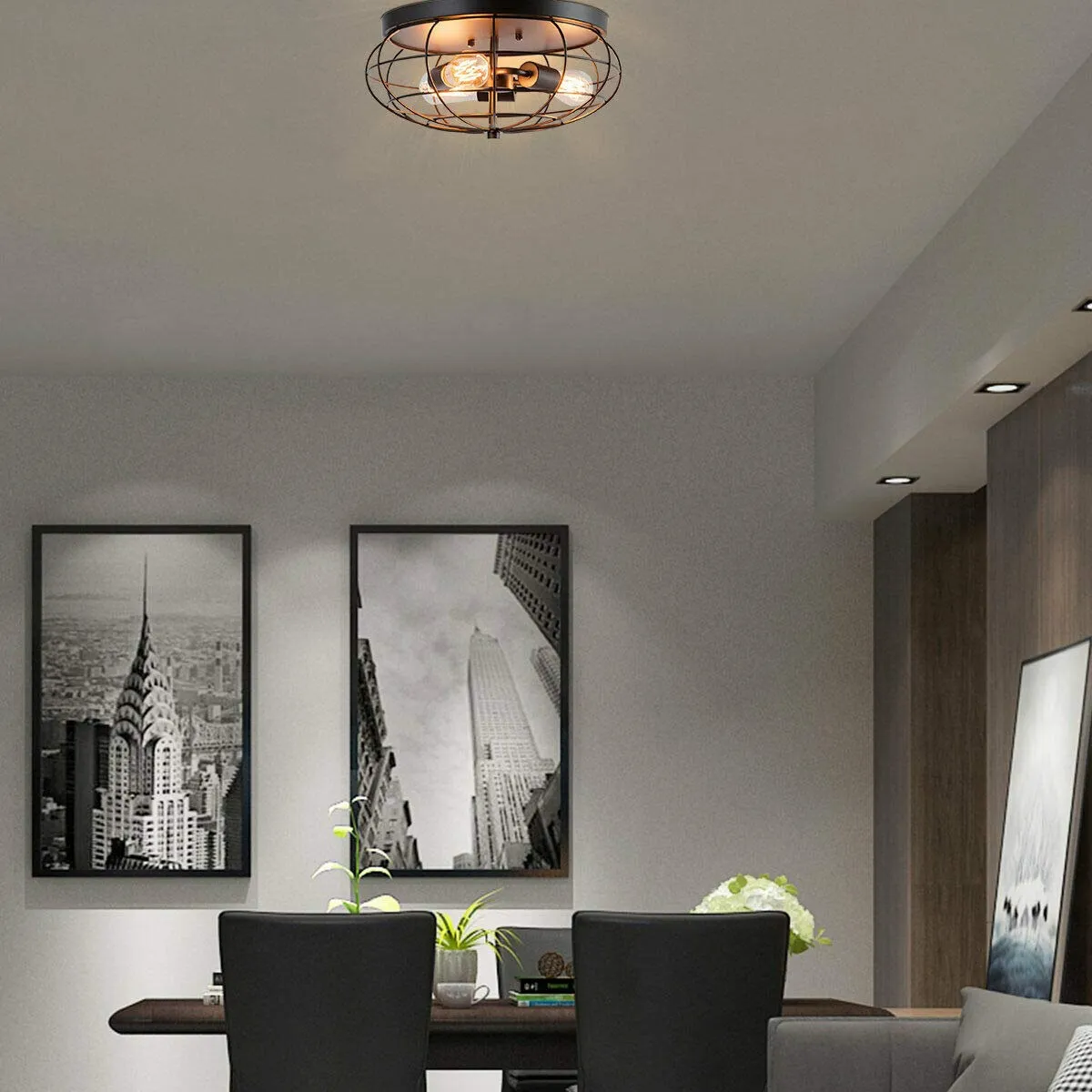 Tangkula Semi Flush Mount Ceiling Light, 3-Light Industrial Style Rustic Ceiling Light Fixture with Iron Metal Cage Lampshade