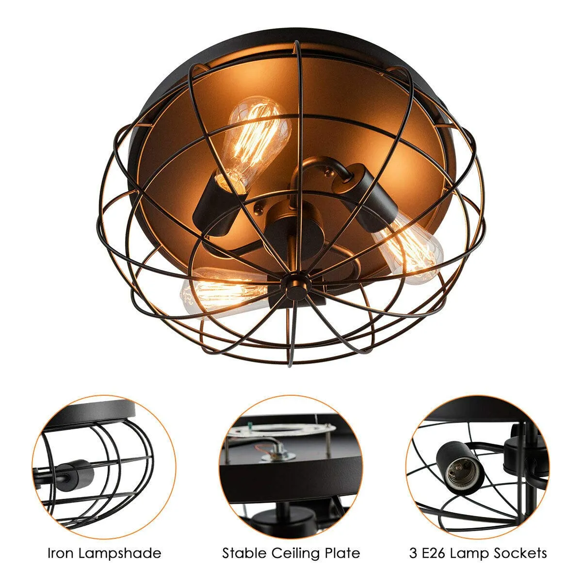 Tangkula Semi Flush Mount Ceiling Light, 3-Light Industrial Style Rustic Ceiling Light Fixture with Iron Metal Cage Lampshade