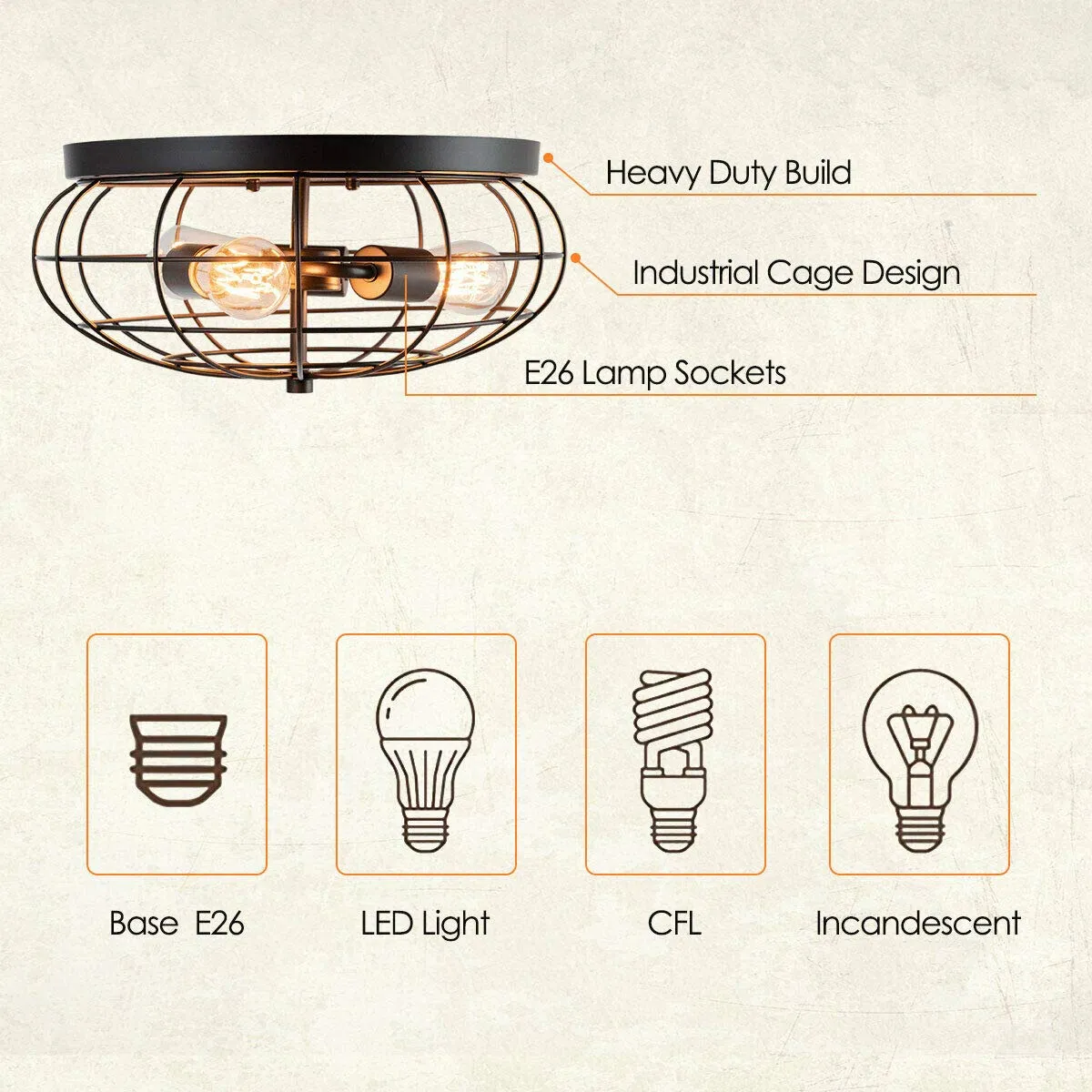 Tangkula Semi Flush Mount Ceiling Light, 3-Light Industrial Style Rustic Ceiling Light Fixture with Iron Metal Cage Lampshade
