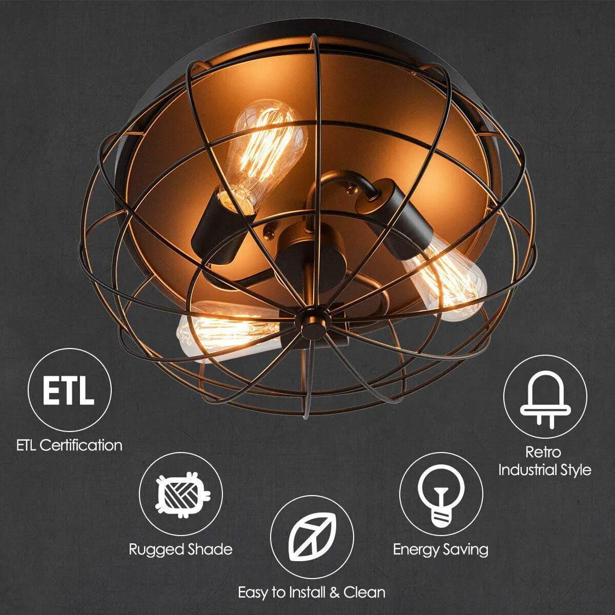 Tangkula Semi Flush Mount Ceiling Light, 3-Light Industrial Style Rustic Ceiling Light Fixture with Iron Metal Cage Lampshade