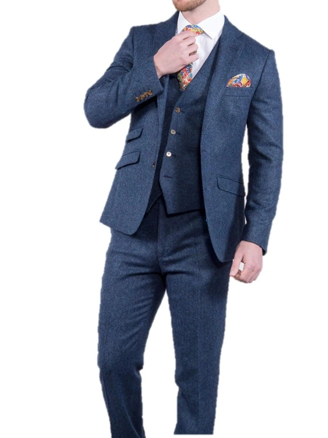 Torre Blue 100% British Wool Herringbone Mens Tweed Jacket