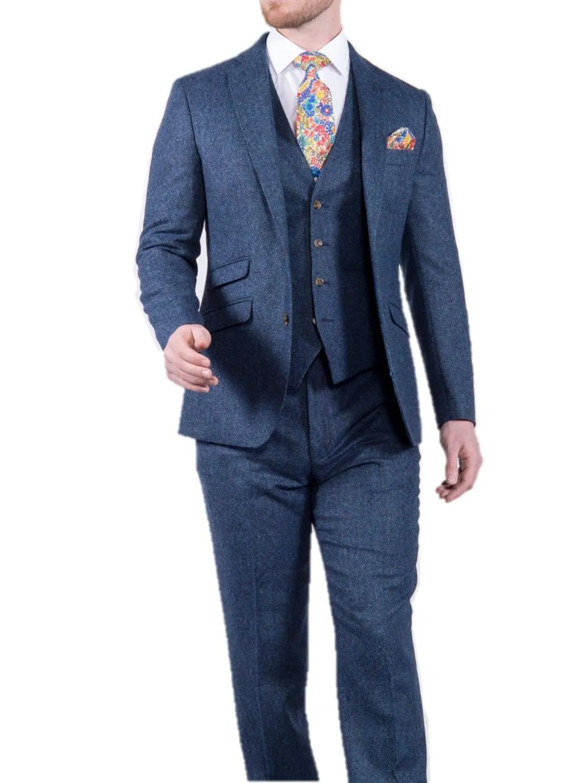 Torre Blue 100% British Wool Herringbone Mens Tweed Jacket