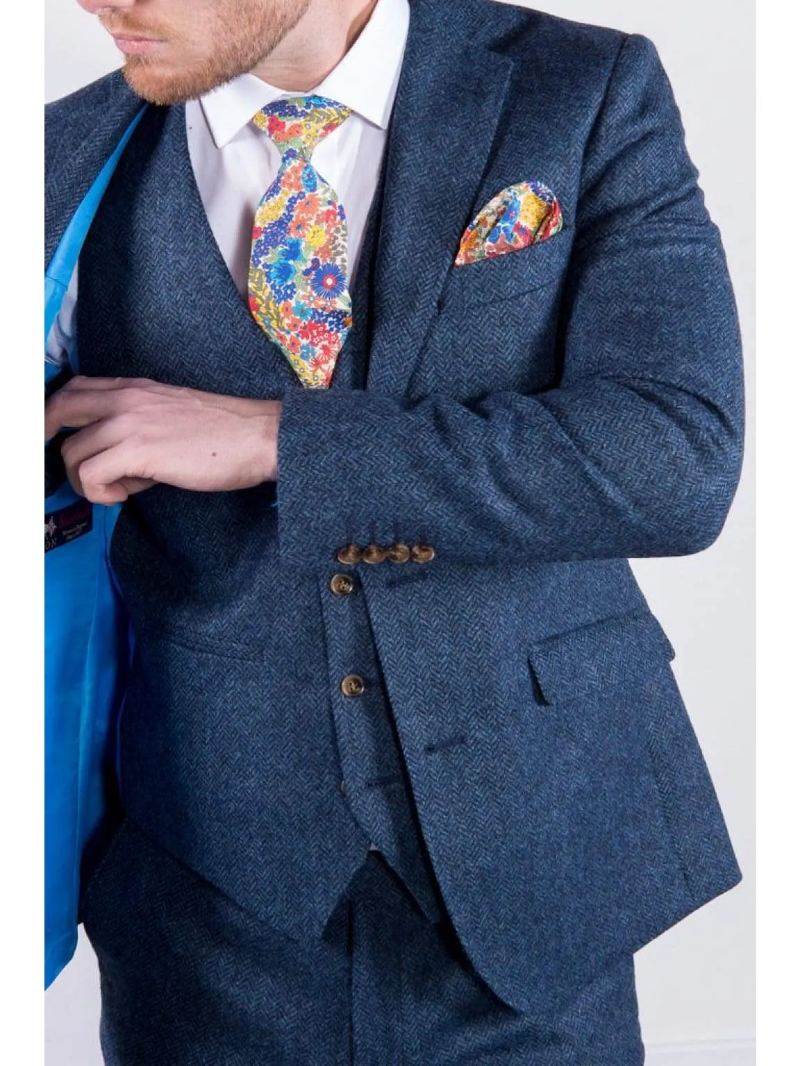 Torre Blue 100% British Wool Herringbone Mens Tweed Jacket