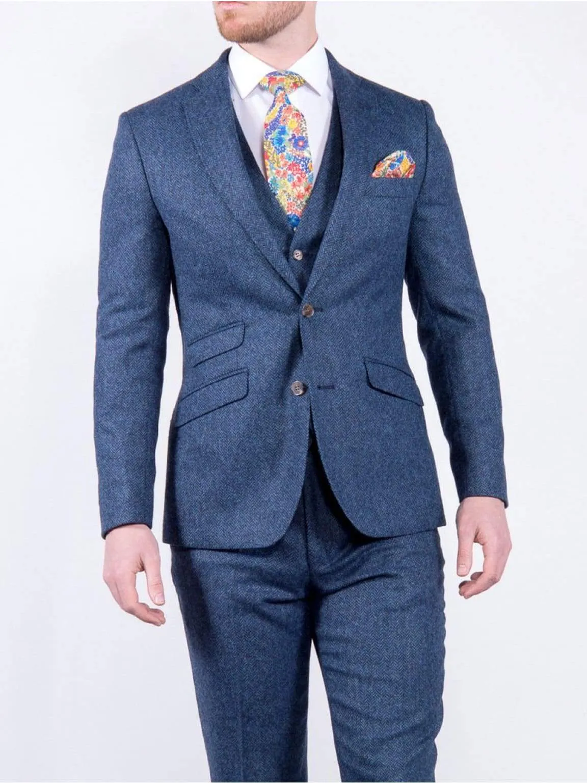 Torre Blue 100% British Wool Herringbone Mens Tweed Jacket