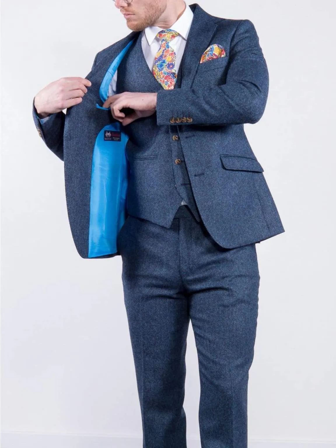 Torre Blue 100% British Wool Herringbone Mens Tweed Jacket