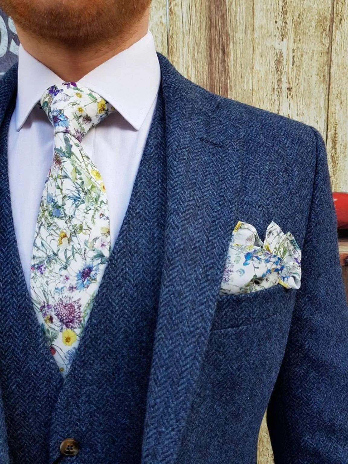 Torre Blue 100% British Wool Herringbone Mens Tweed Jacket