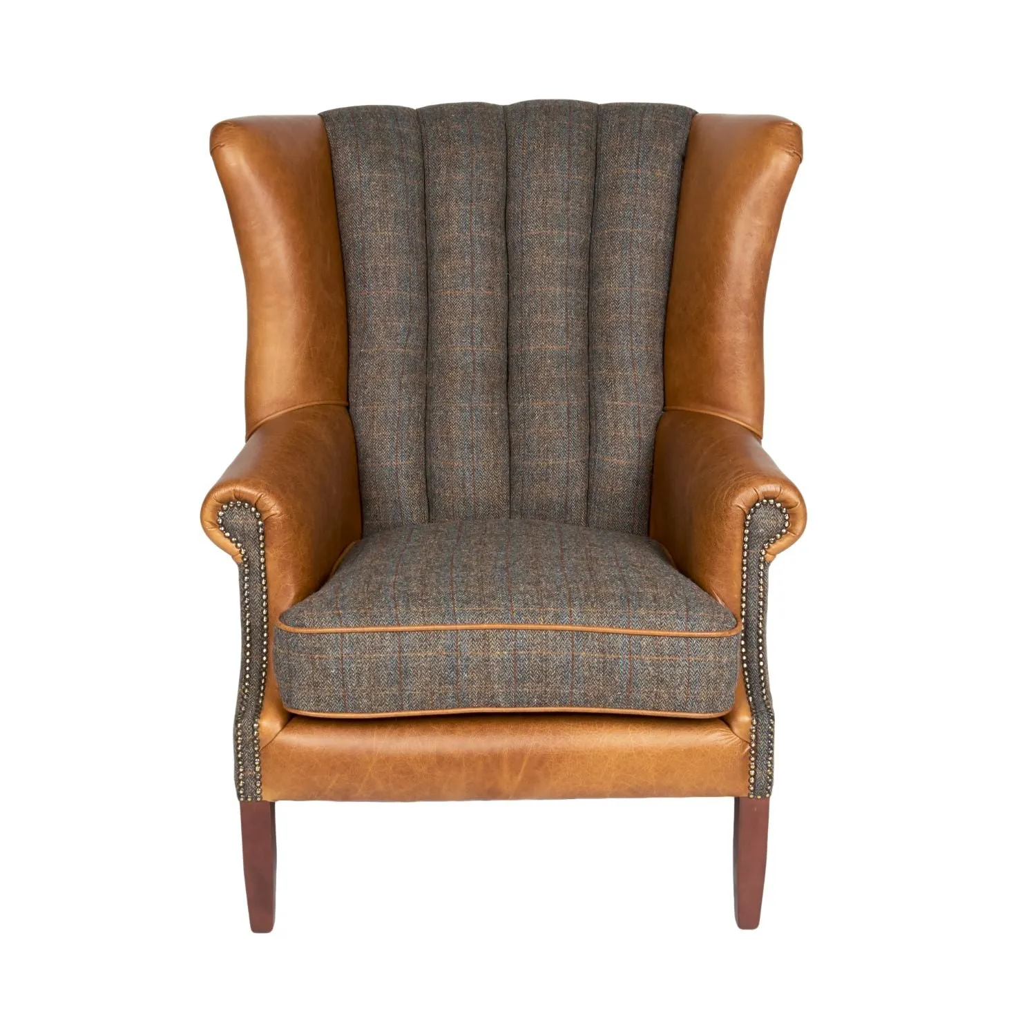 Uist Night Harris Tweed and Brown Cerato Leather Fluted Wing Armchair
