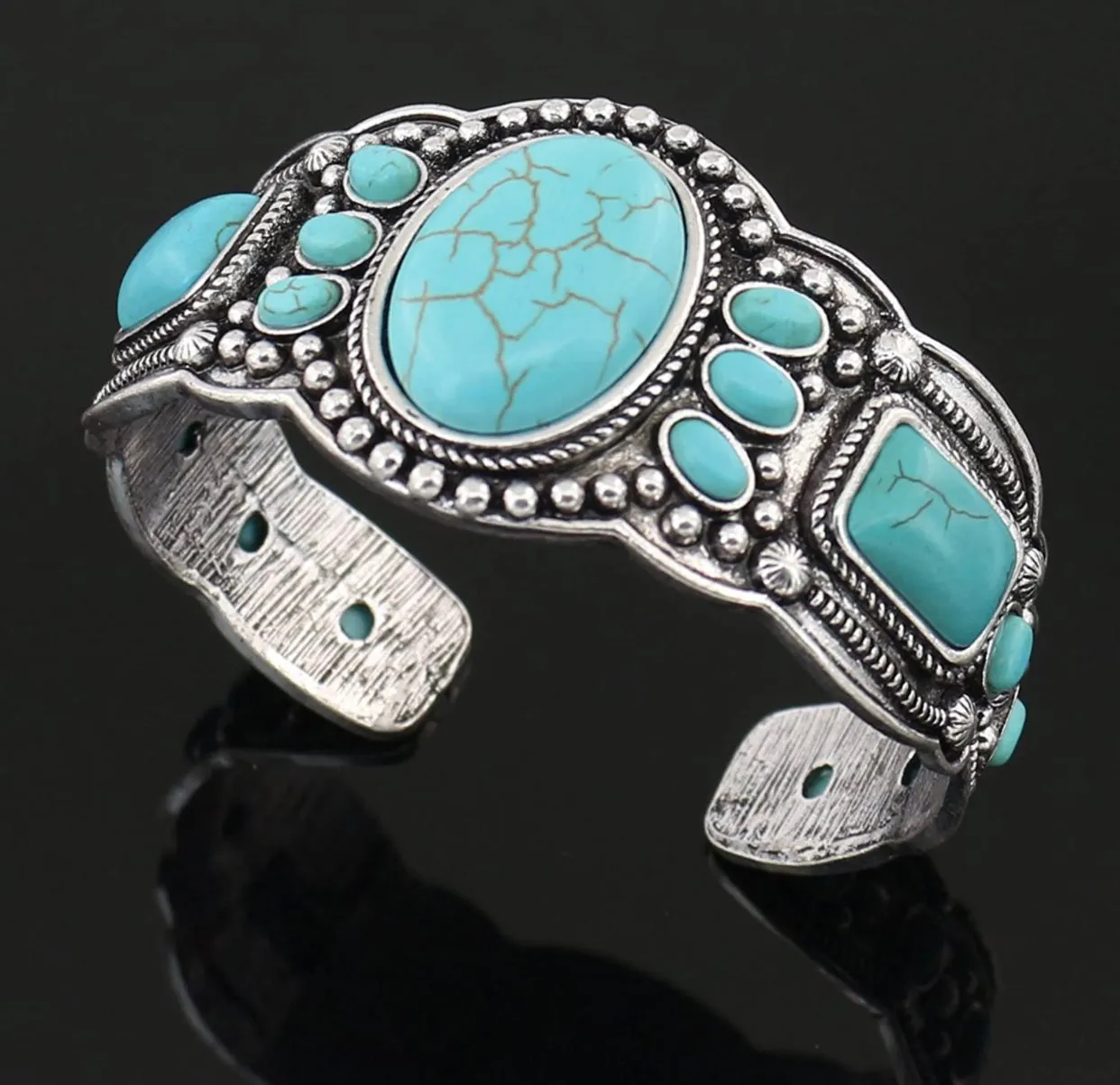 Unisex Antique Rgentium Plated Base Heart Compressed Turquoise Bracelet Cuff